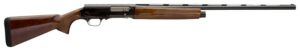 Long-barrel shotgun, wooden stock, side view.