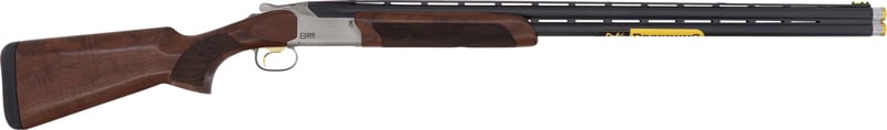 Side view of a double-barrel shotgun.