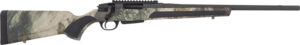 Camouflage hunting rifle with mounted scope rail.