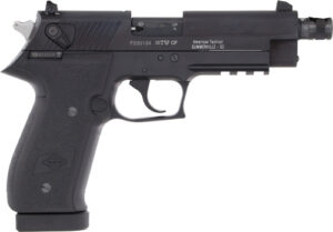 Black semi-automatic pistol with textured grip.