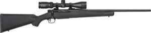 Bolt-action rifle with scope, black stock.