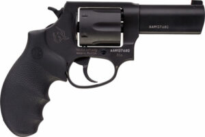 Black revolver with textured grip on white background.