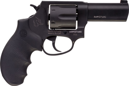 Black revolver with textured grip on white background.