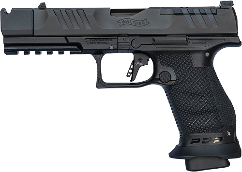 Black semi-automatic pistol side view.