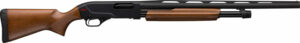 Wooden and black pump-action shotgun side view