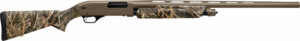 Camouflage pump-action shotgun with brown details.
