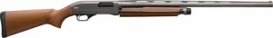 Pump-action shotgun with wooden stock and black barrel.