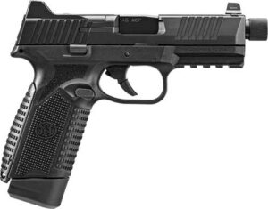 Black semi-automatic handgun, left side view.
