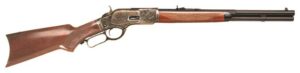 Lever-action rifle with wooden stock and steel barrel.