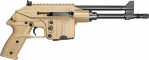 Tan semi-automatic rifle with short barrel.