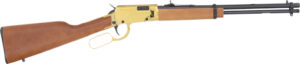 Golden lever-action rifle with wooden stock.