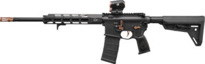 Modern black rifle with scope and adjustable stock.