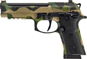 Camo-patterned handgun on white background