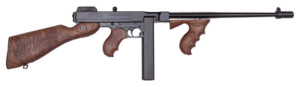 Thompson submachine gun with wooden stock and grip.