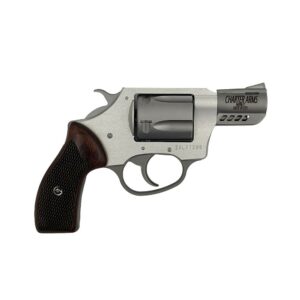 Silver snub-nose revolver with black grip handle.