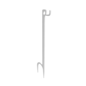 White plastic garden stake with hook and prongs.