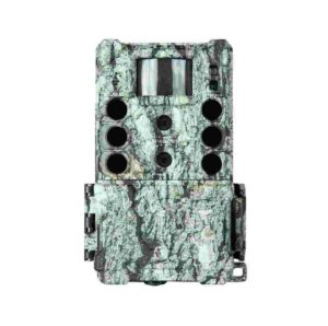 Camouflage trail camera with multiple lenses.