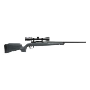 Black hunting rifle with scope, side view.
