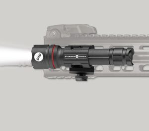 Tactical flashlight mounted on a rail system.