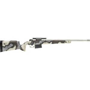 Camo bolt-action rifle on white background.