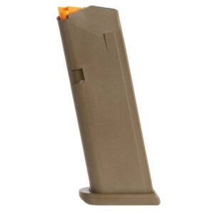 Brown airsoft gun magazine with orange follower.
