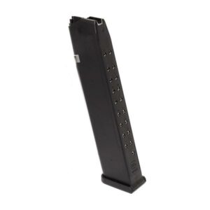 Extended black gun magazine standing upright