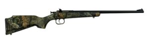 Camo patterned hunting rifle with black barrel.