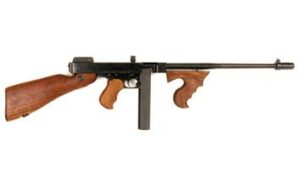 Vintage firearm with wooden stock and grip.