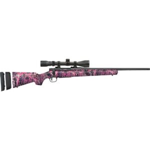 Pink camouflage hunting rifle with scope.