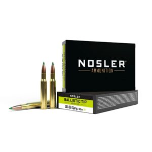 Nosler ammunition box and bullets displayed.