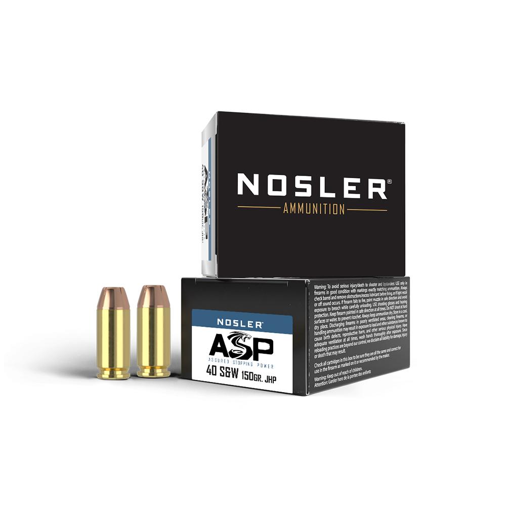Nosler ASP ammunition box with bullets displayed.