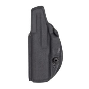 Black polymer pistol holster on white background.
