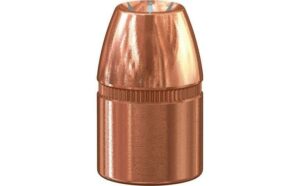 Copper-colored bullet on white background.