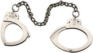 Pair of metal handcuffs with connecting chain