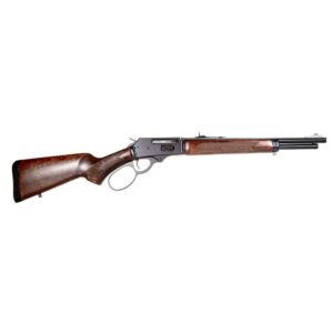 Lever-action rifle with wooden stock on white background.