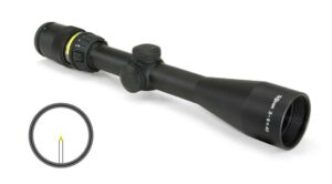 Black rifle scope with reticle view inset.