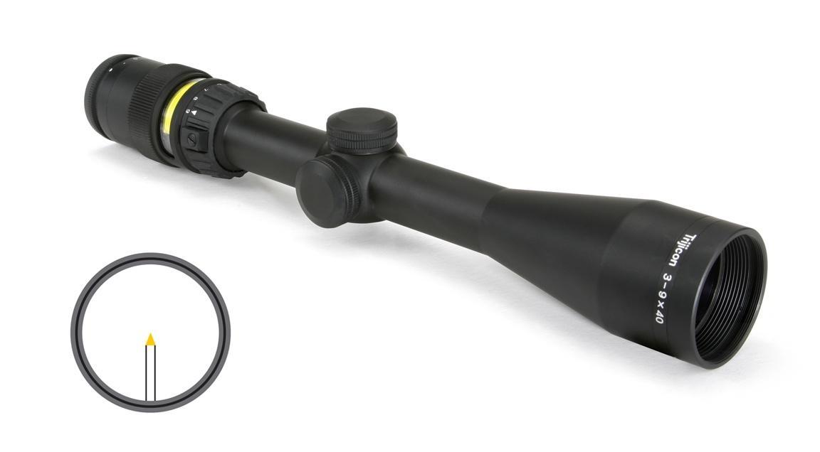Black rifle scope with reticle view inset.