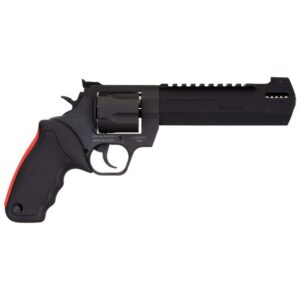 Black revolver with red handle decal.