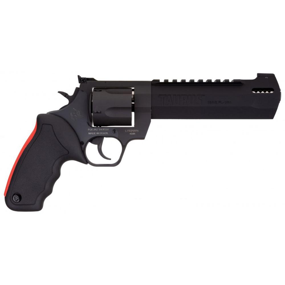Black revolver with red handle decal.