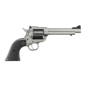 Silver revolver with black handle, side view.