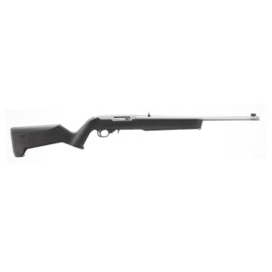 Side view of a black and silver rifle.