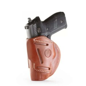 Handgun in leather holster, side view.
