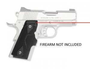 Silver handgun with red laser sight.