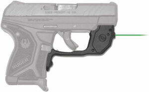 Pistol with green laser sight attachment.