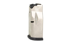 Metallic gun magazine, side view