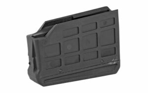 Black plastic rifle magazine on white background.
