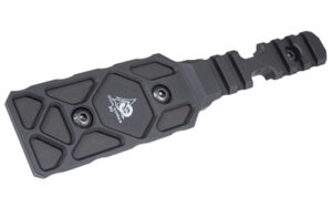 Tactical black rifle accessory with screws and logo