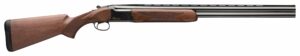 Wooden hunting rifle with black barrel.