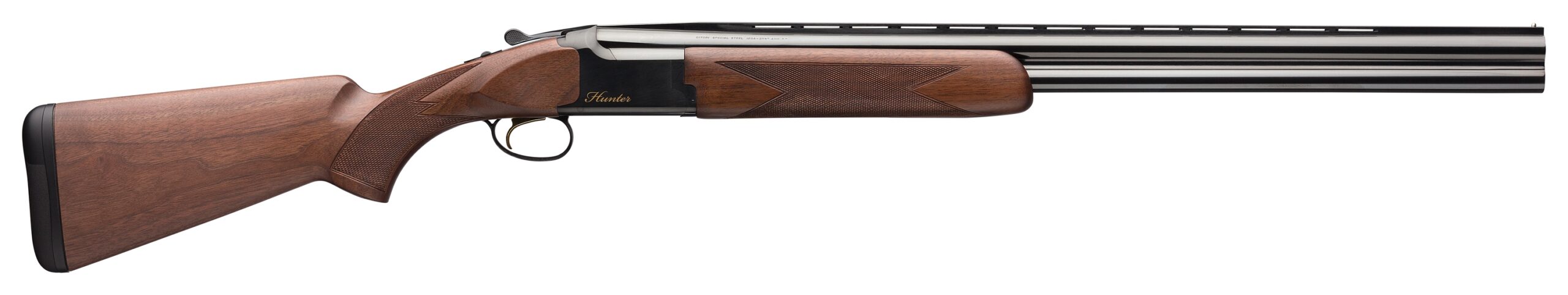 Wooden hunting rifle with black barrel.