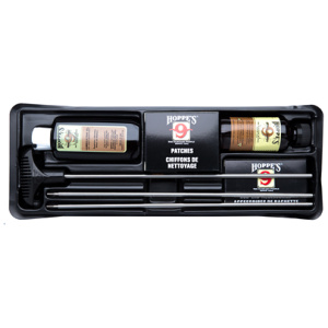Hoppes gun cleaning kit with patches and cleaner.